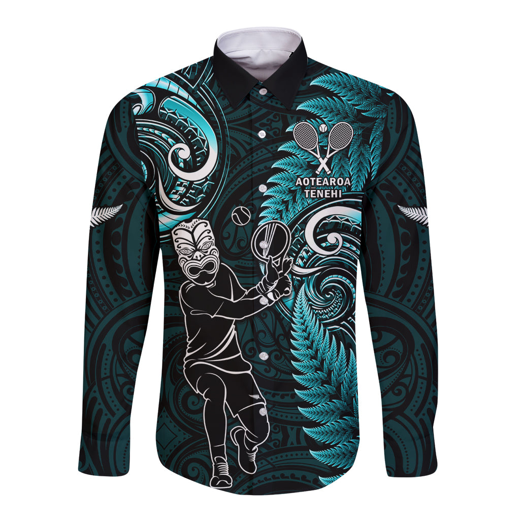 Custom New Zealand Tiki Tennis Long Sleeve Button Shirt 2024 Aotearoa Tenehi Maori Silver Fern - Turquoise LT14 Unisex Turquoise - Polynesian Pride