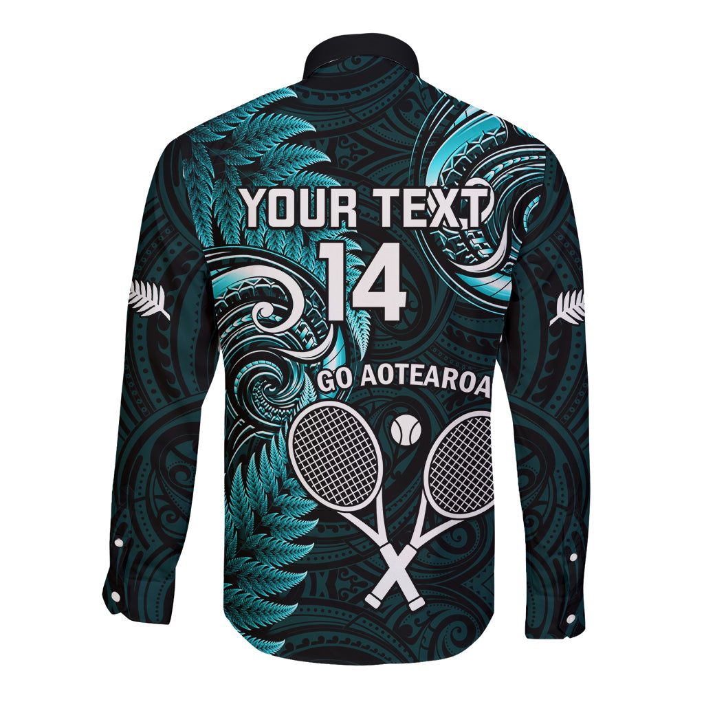 Custom New Zealand Tiki Tennis Long Sleeve Button Shirt 2024 Aotearoa Tenehi Maori Silver Fern - Turquoise LT14 - Polynesian Pride