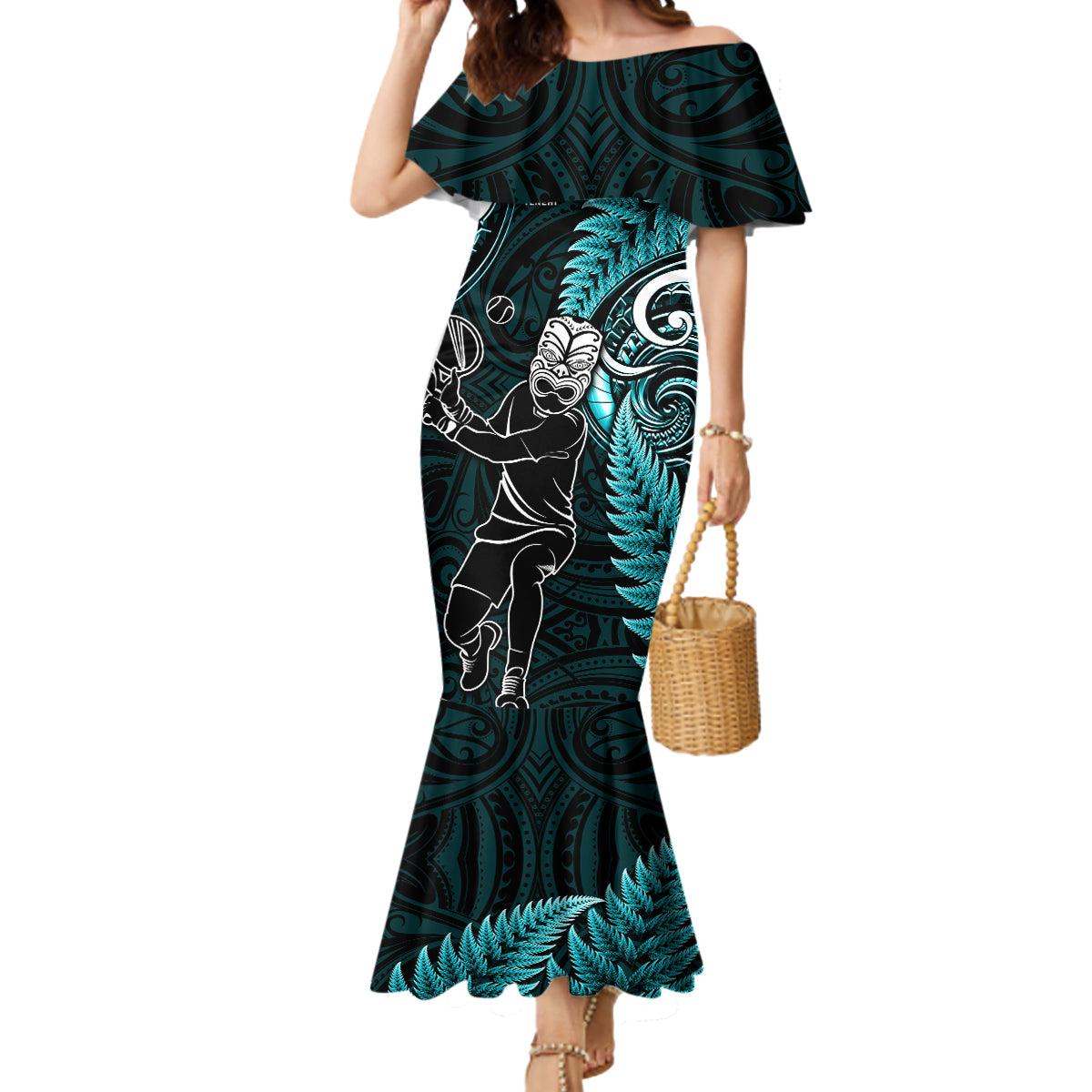 Custom New Zealand Tiki Tennis Mermaid Dress 2024 Aotearoa Tenehi Maori Silver Fern - Turquoise LT14 Women Turquoise - Polynesian Pride