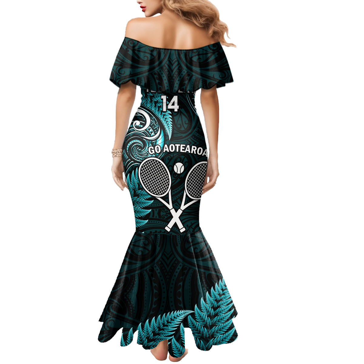 Custom New Zealand Tiki Tennis Mermaid Dress 2024 Aotearoa Tenehi Maori Silver Fern - Turquoise LT14 - Polynesian Pride