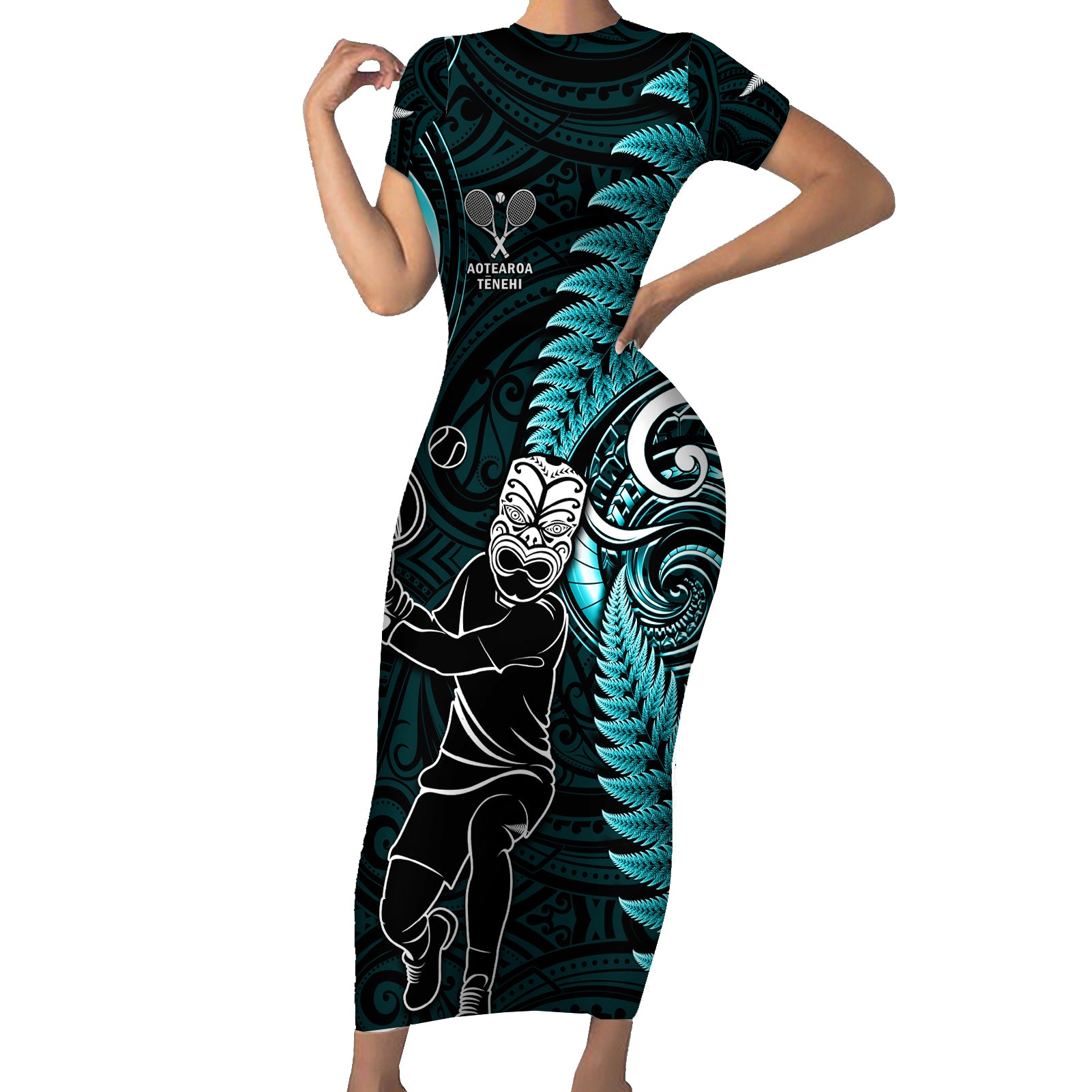 Custom New Zealand Tiki Tennis Short Sleeve Bodycon Dress 2024 Aotearoa Tenehi Maori Silver Fern - Turquoise LT14 Long Dress Turquoise - Polynesian Pride