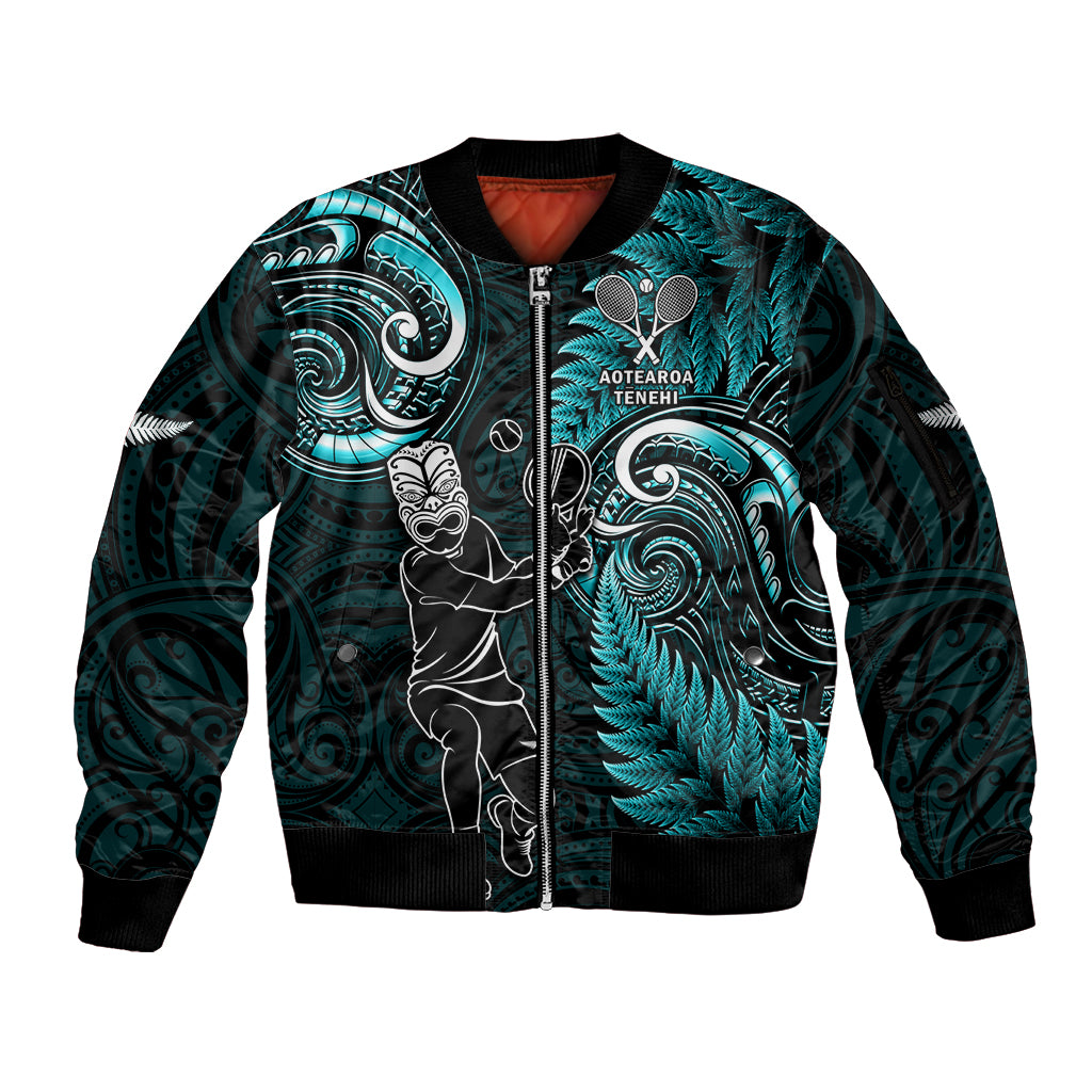 Custom New Zealand Tiki Tennis Sleeve Zip Bomber Jacket 2024 Aotearoa Tenehi Maori Silver Fern - Turquoise LT14 Unisex Turquoise - Polynesian Pride