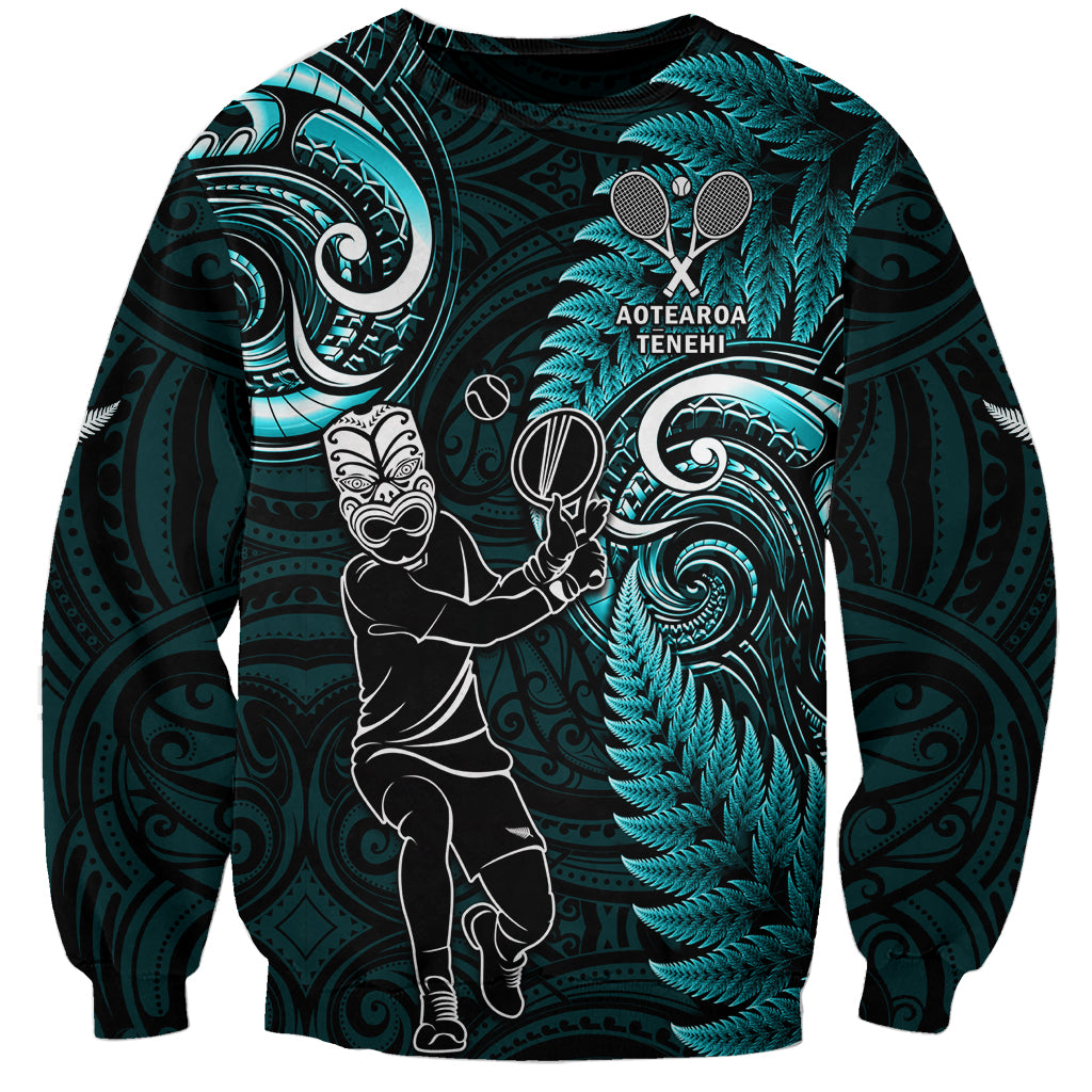 Custom New Zealand Tiki Tennis Sweatshirt 2024 Aotearoa Tenehi Maori Silver Fern - Turquoise LT14 Unisex Turquoise - Polynesian Pride