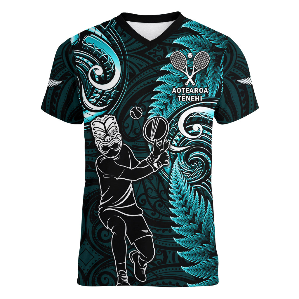 Custom New Zealand Tiki Tennis Women V Neck T Shirt 2024 Aotearoa Tenehi Maori Silver Fern - Turquoise LT14 Female Turquoise - Polynesian Pride