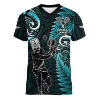 Custom New Zealand Tiki Tennis Women V Neck T Shirt 2024 Aotearoa Tenehi Maori Silver Fern - Turquoise LT14 Female Turquoise - Polynesian Pride