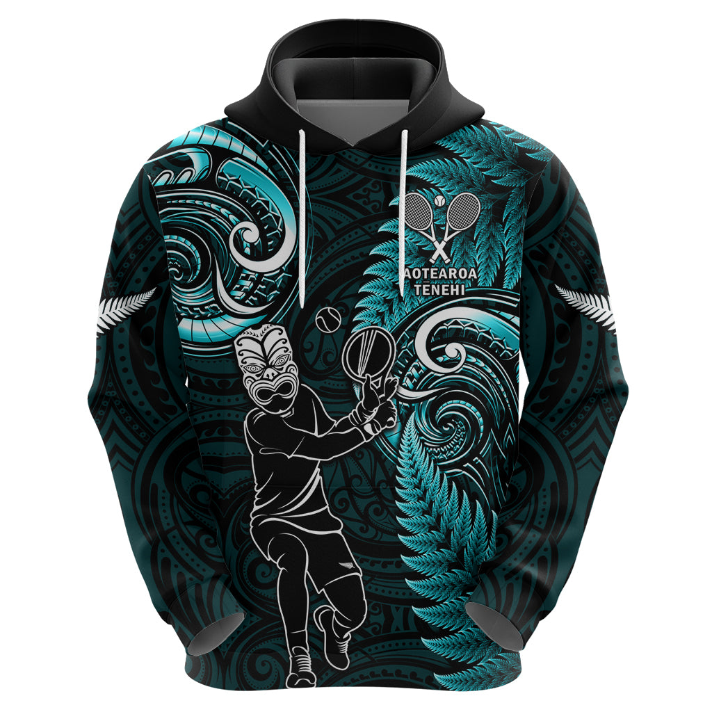 Custom New Zealand Tiki Tennis Zip Hoodie 2024 Aotearoa Tenehi Maori Silver Fern - Turquoise LT14 - Polynesian Pride