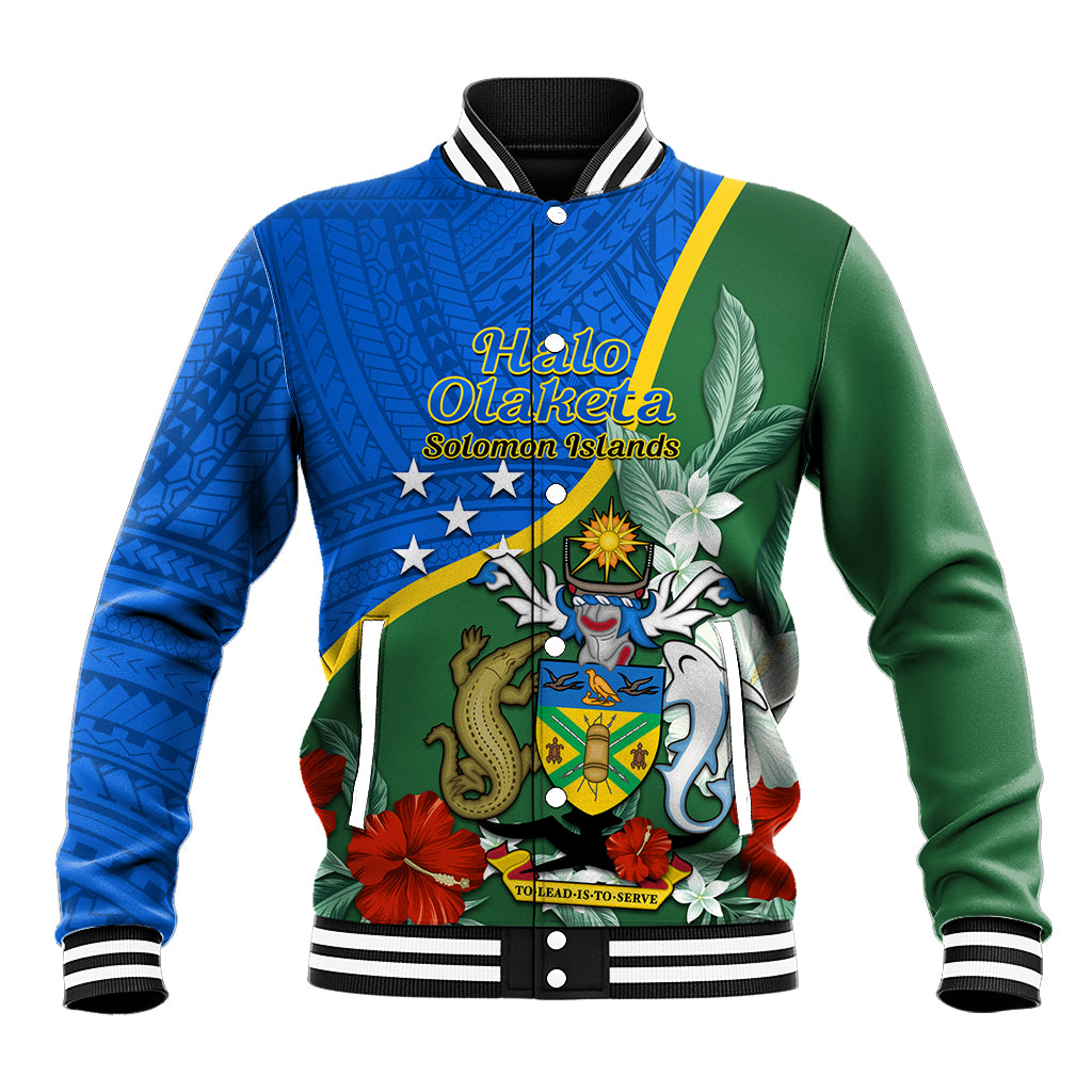 Personalised Halo Olaketa Solomon Islands Baseball Jacket Coat Of Arms With Tropical Flowers Flag Style LT14 Unisex Green - Polynesian Pride