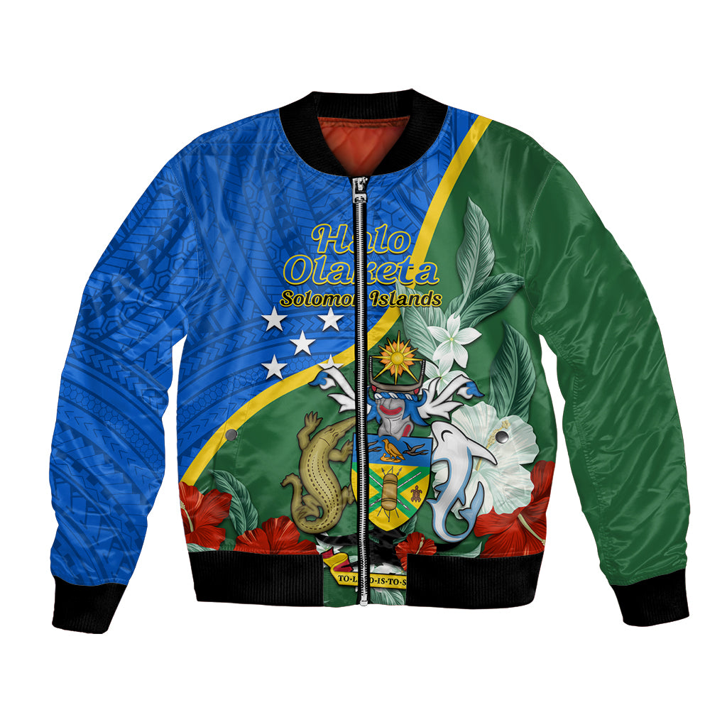 Personalised Halo Olaketa Solomon Islands Bomber Jacket Coat Of Arms With Tropical Flowers Flag Style LT14 Unisex Green - Polynesian Pride