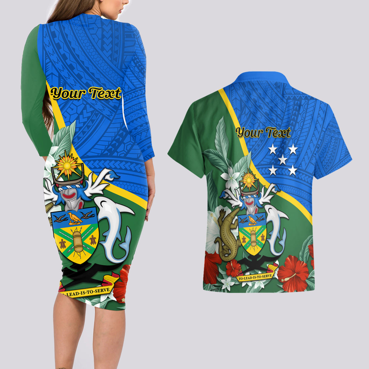 Personalised Halo Olaketa Solomon Islands Couples Matching Long Sleeve Bodycon Dress and Hawaiian Shirt Coat Of Arms With Tropical Flowers Flag Style LT14 - Polynesian Pride