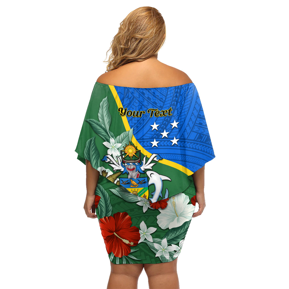 Personalised Halo Olaketa Solomon Islands Family Matching Off Shoulder Short Dress and Hawaiian Shirt Coat Of Arms With Tropical Flowers Flag Style LT14 - Polynesian Pride