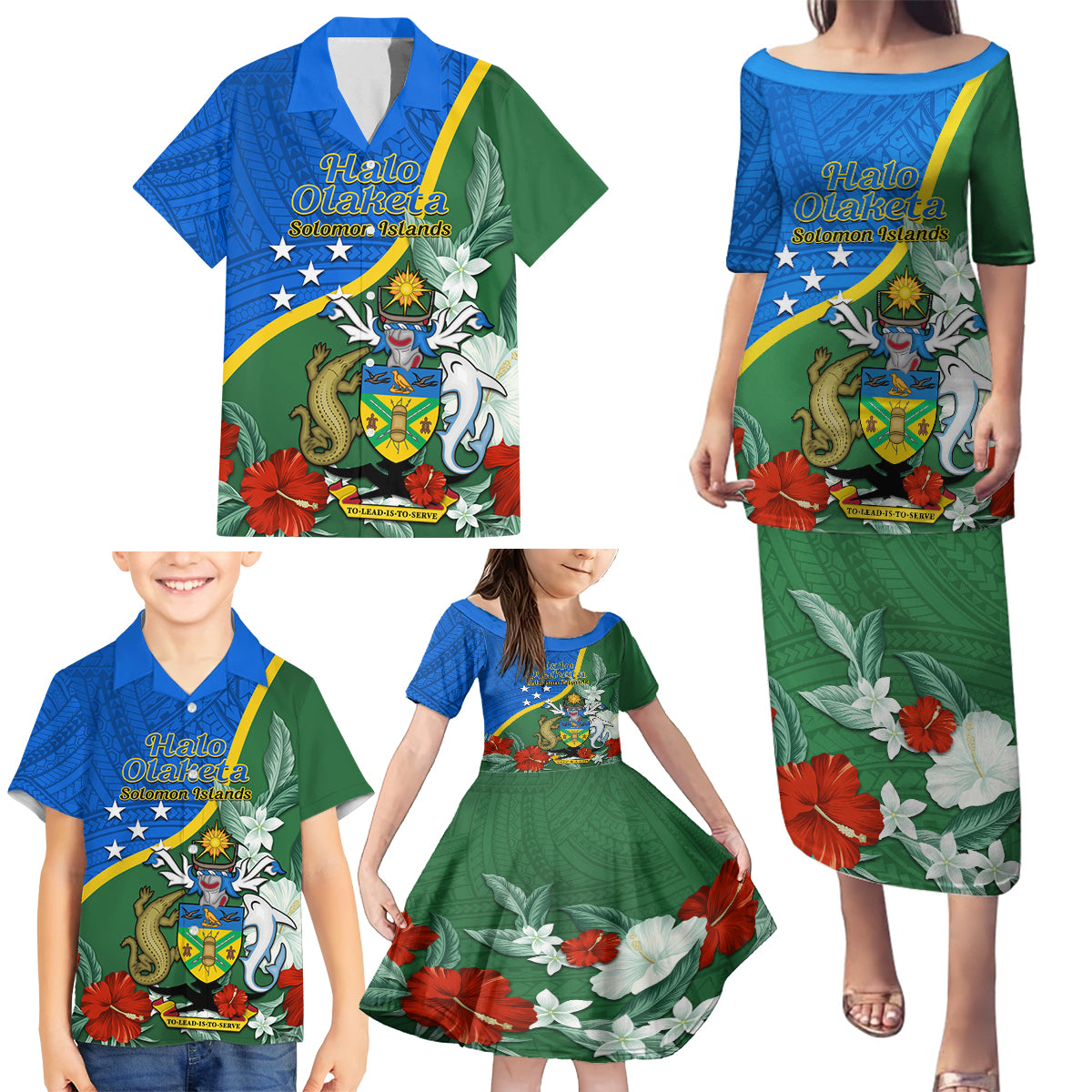 Personalised Halo Olaketa Solomon Islands Family Matching Puletasi and Hawaiian Shirt Coat Of Arms With Tropical Flowers Flag Style LT14 - Polynesian Pride