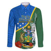 Personalised Halo Olaketa Solomon Islands Family Matching Short Sleeve Bodycon Dress and Hawaiian Shirt Coat Of Arms With Tropical Flowers Flag Style LT14 Dad's Shirt - Long Sleeve Green - Polynesian Pride