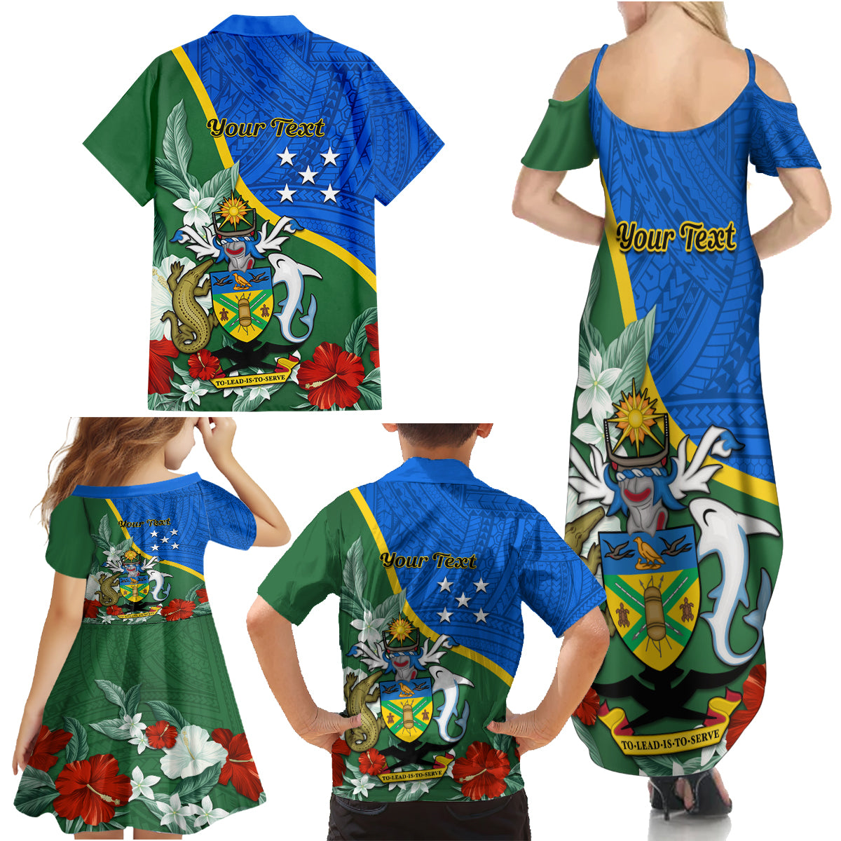 Personalised Halo Olaketa Solomon Islands Family Matching Summer Maxi Dress and Hawaiian Shirt Coat Of Arms With Tropical Flowers Flag Style LT14 - Polynesian Pride