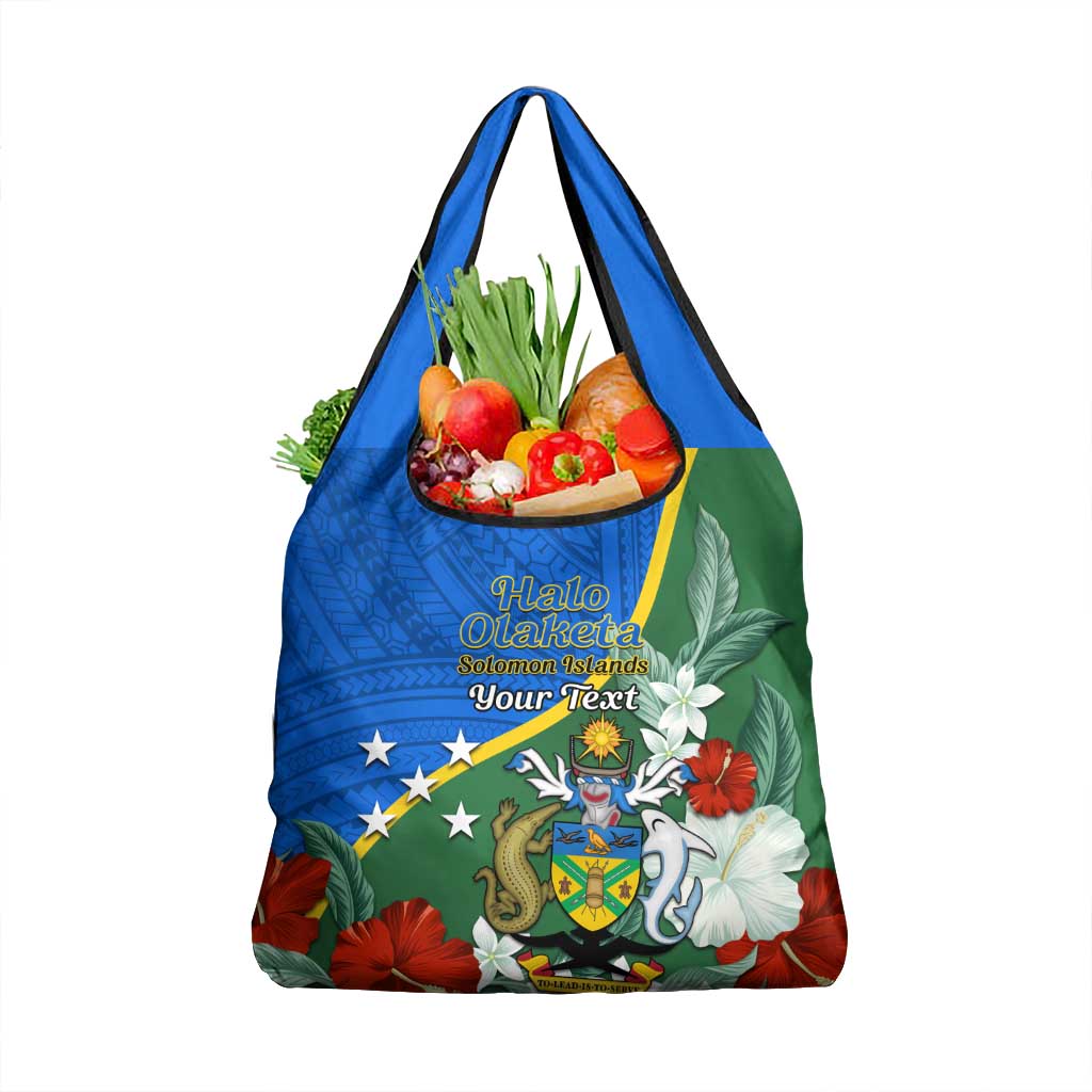 Personalised Halo Olaketa Solomon Islands Grocery Bag Coat Of Arms With Tropical Flowers
