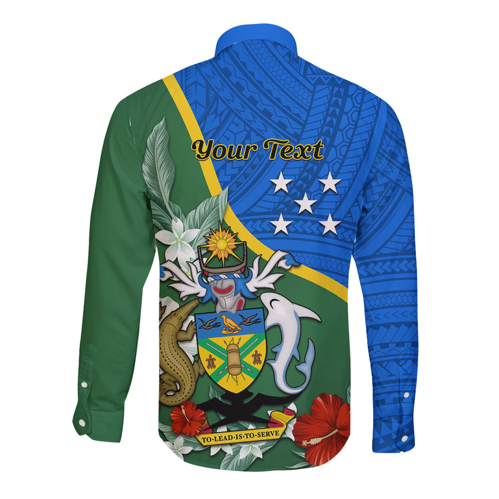Personalised Halo Olaketa Solomon Islands Long Sleeve Button Shirt Coat Of Arms With Tropical Flowers Flag Style LT14 - Polynesian Pride