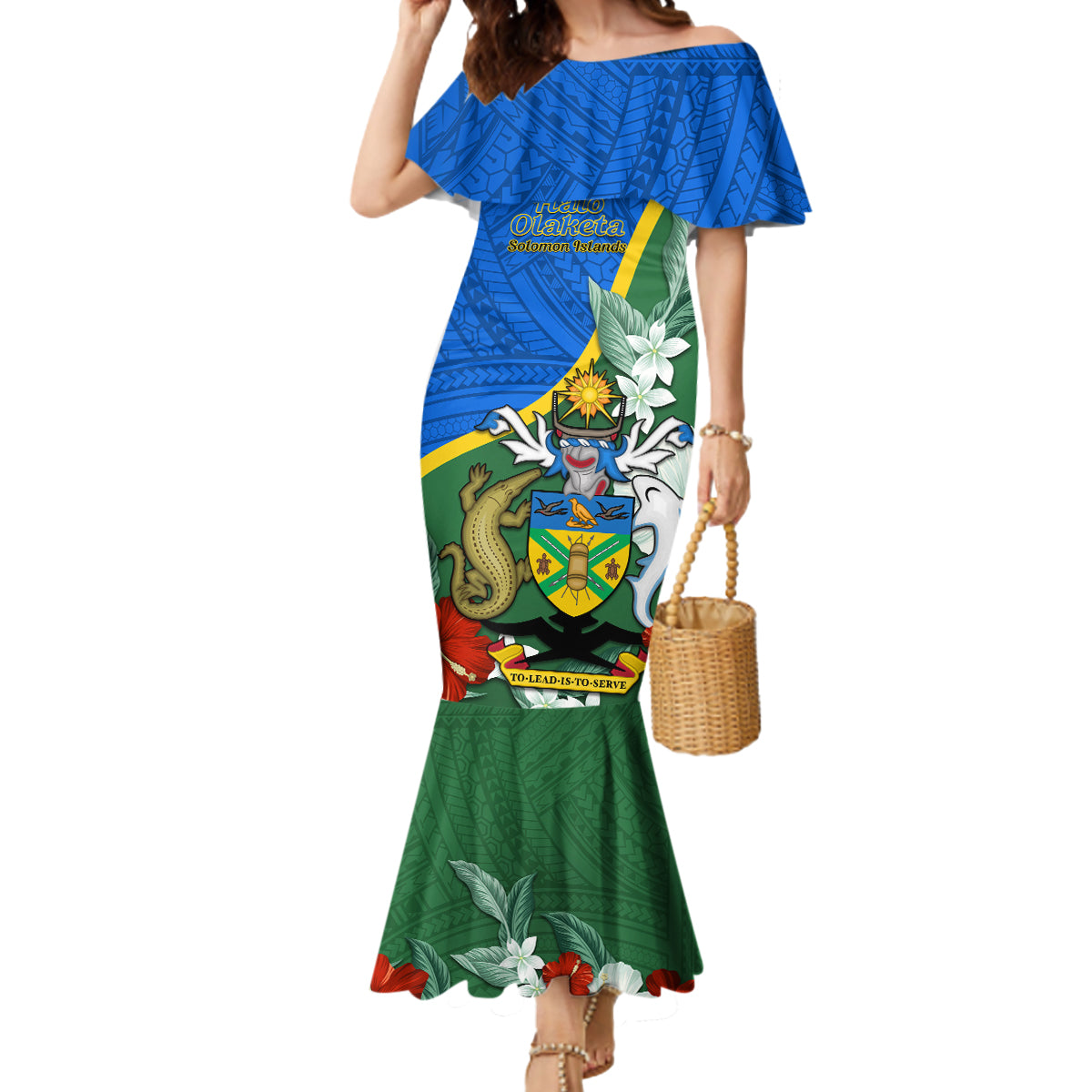 Personalised Halo Olaketa Solomon Islands Mermaid Dress Coat Of Arms With Tropical Flowers Flag Style LT14 Women Green - Polynesian Pride