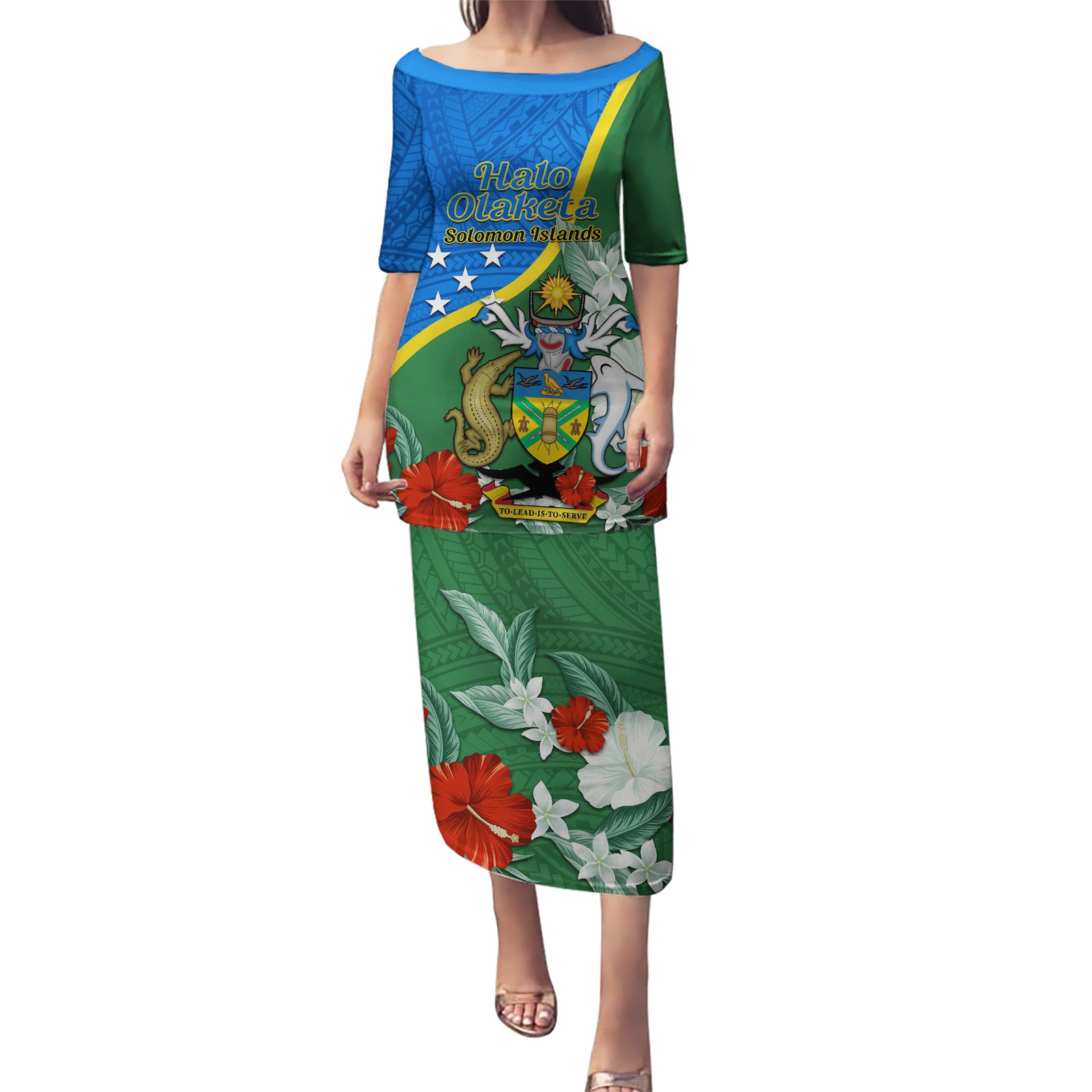 Personalised Halo Olaketa Solomon Islands Puletasi Coat Of Arms With Tropical Flowers Flag Style LT14 Long Dress Green - Polynesian Pride