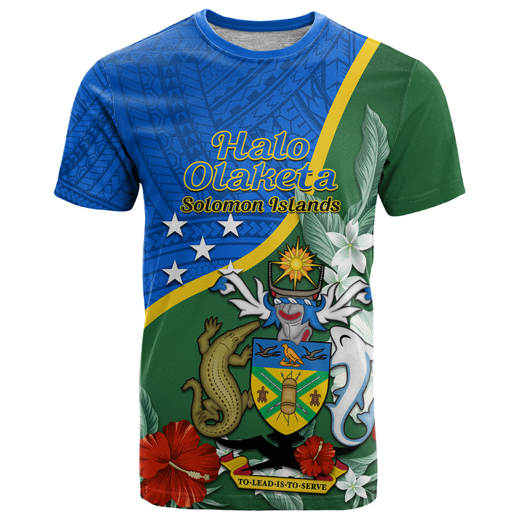Personalised Halo Olaketa Solomon Islands T Shirt Coat Of Arms With Tropical Flowers Flag Style LT14 Green - Polynesian Pride