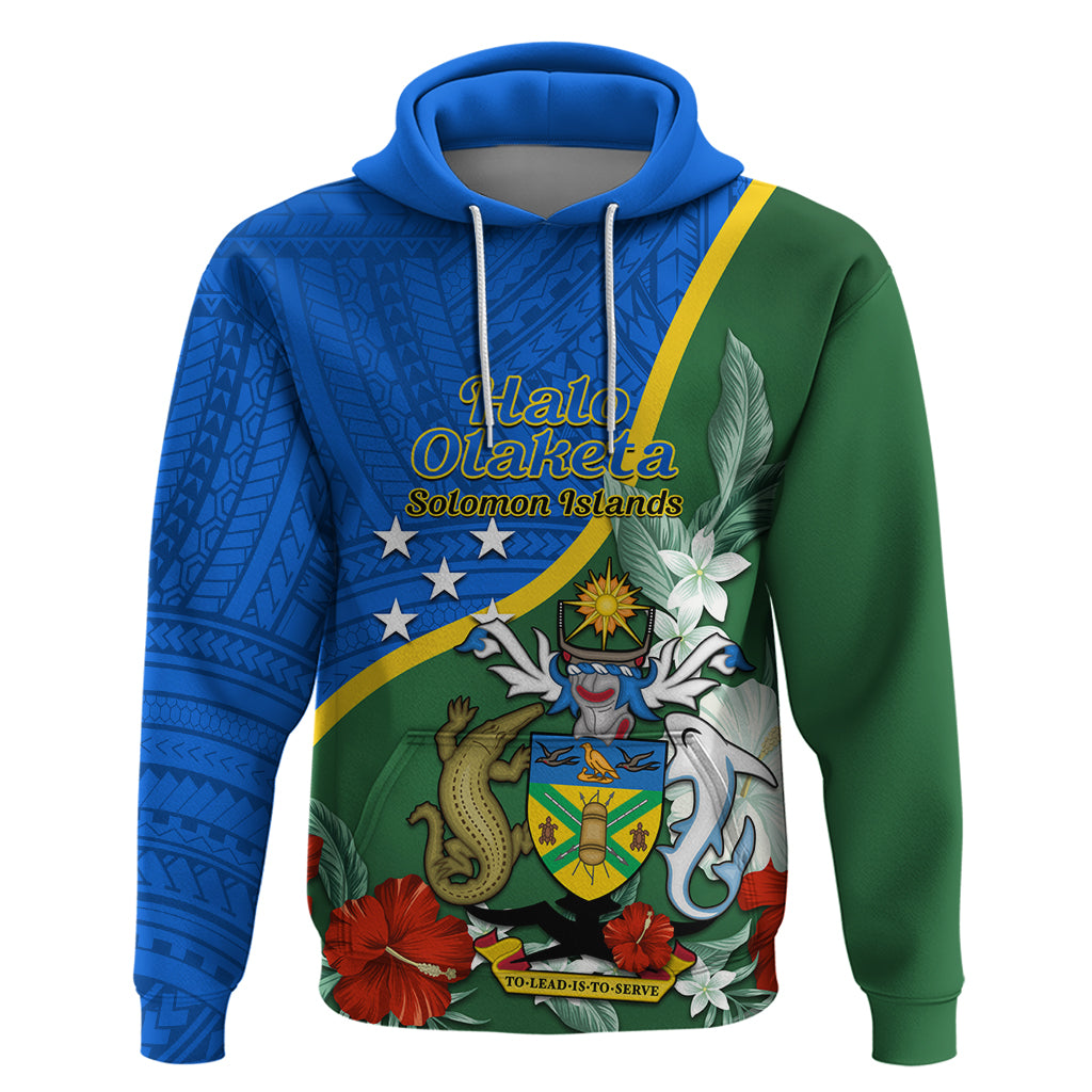 Personalised Halo Olaketa Solomon Islands Zip Hoodie Coat Of Arms With Tropical Flowers Flag Style LT14 Pullover Hoodie Green - Polynesian Pride