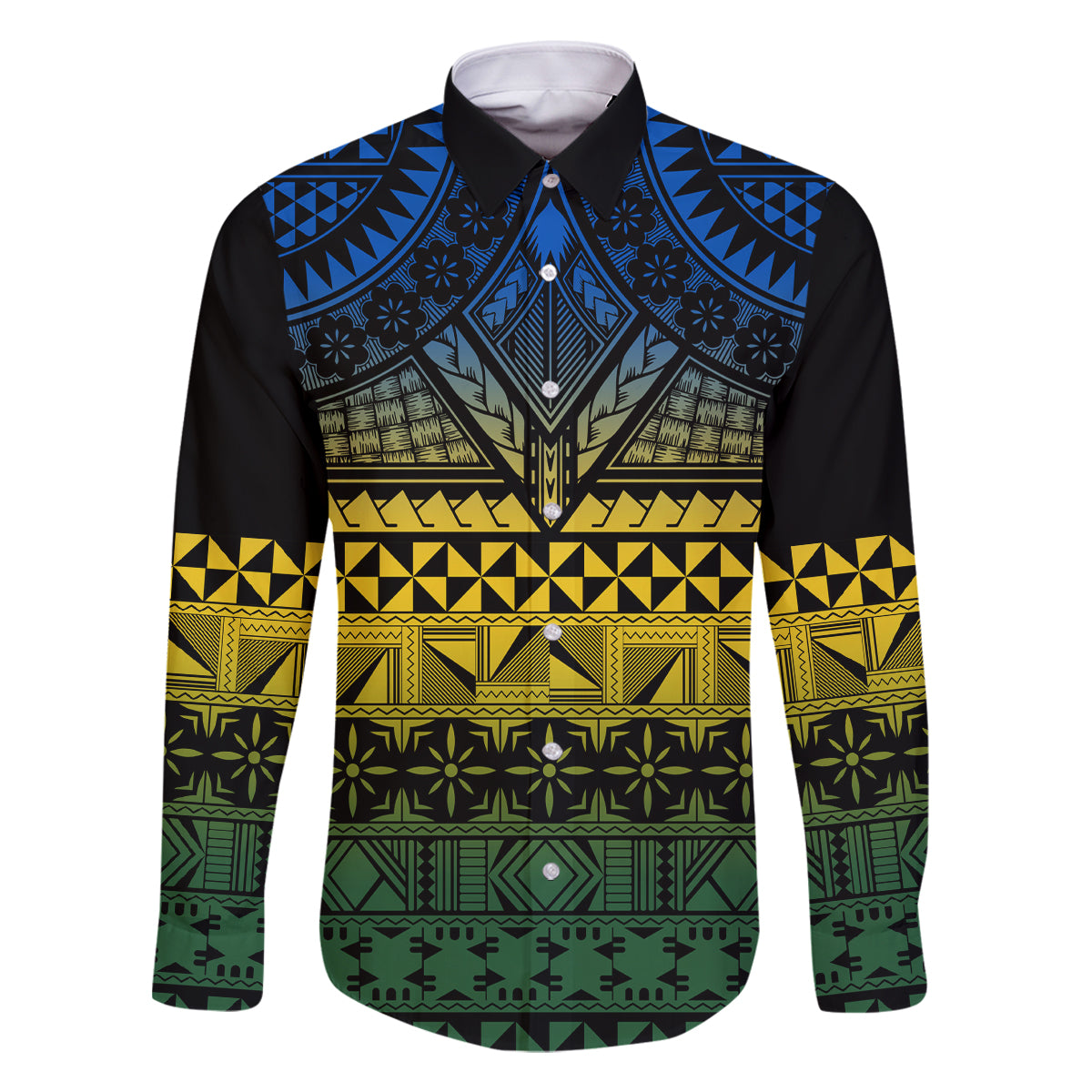 Halo Olaketa Solomon Islands Family Matching Off Shoulder Short Dress and Hawaiian Shirt Melanesian Tribal Pattern Gradient Version LT14 Dad's Shirt - Long Sleeve Black - Polynesian Pride