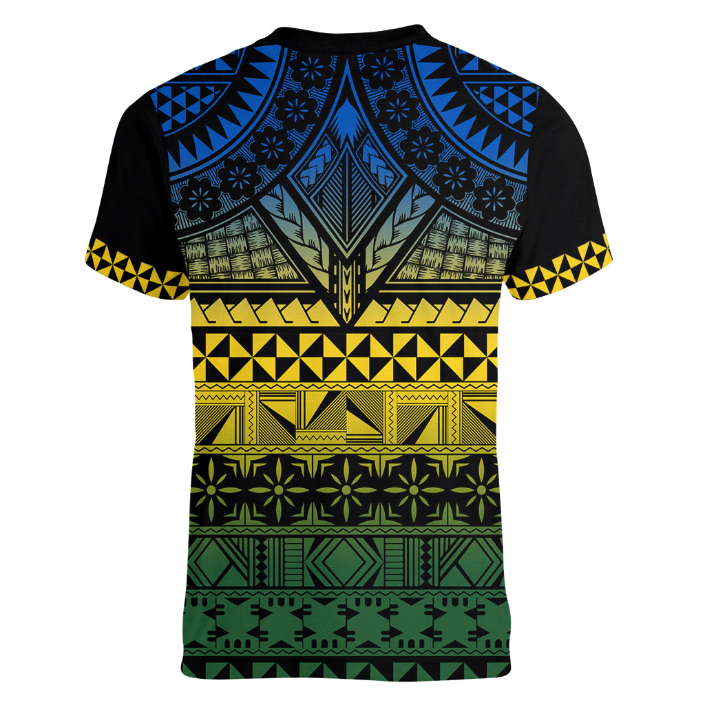 Halo Olaketa Solomon Islands Women V Neck T Shirt Melanesian Tribal Pattern Gradient Version LT14 - Polynesian Pride