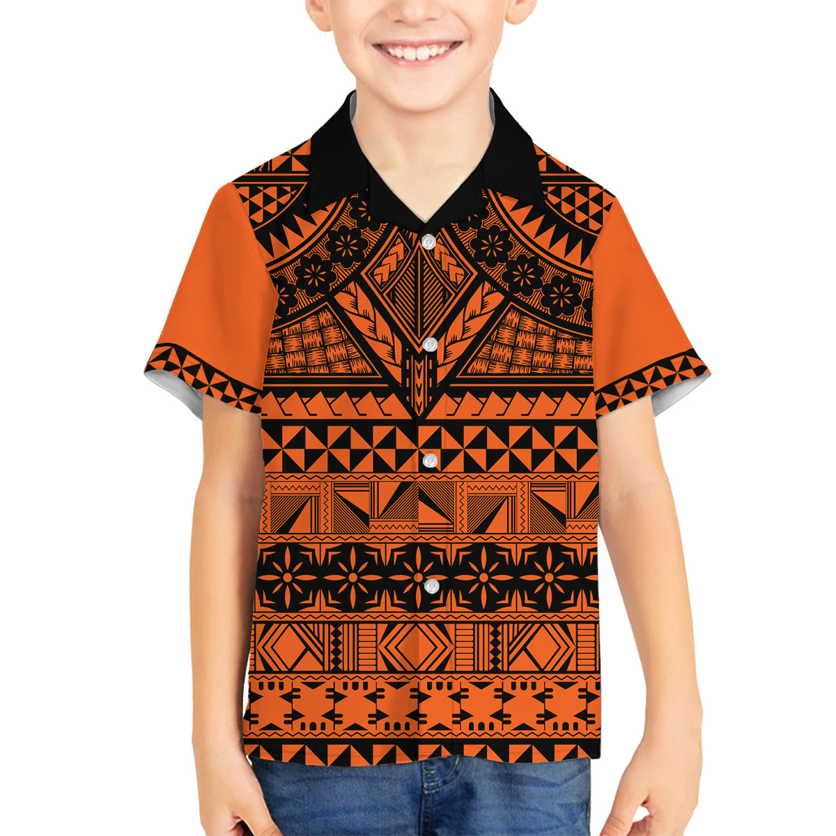 Halo Olaketa Solomon Islands Family Matching Off Shoulder Maxi Dress and Hawaiian Shirt Melanesian Tribal Pattern Orange Version LT14 Son's Shirt Orange - Polynesian Pride