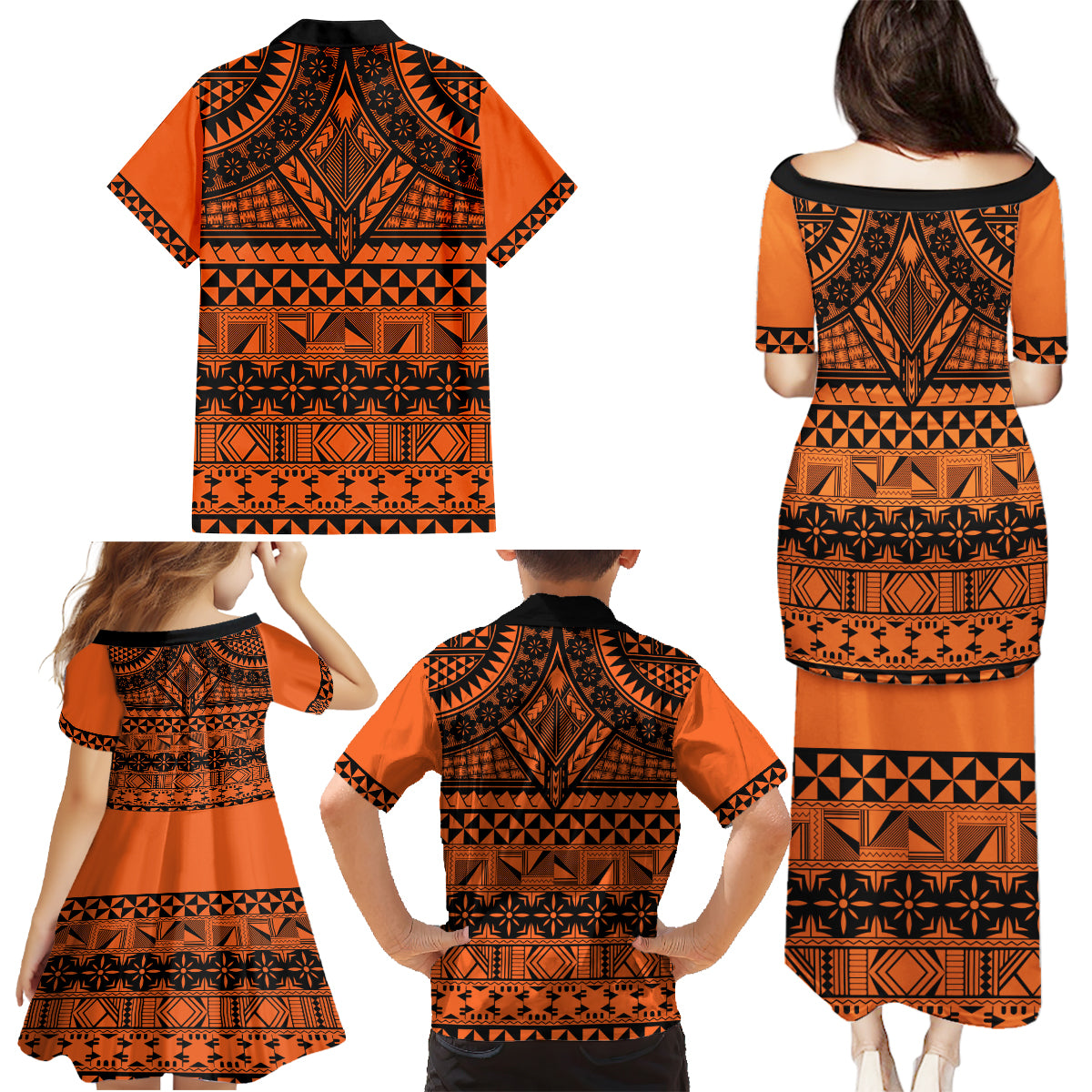 Halo Olaketa Solomon Islands Family Matching Puletasi and Hawaiian Shirt Melanesian Tribal Pattern Orange Version LT14 - Polynesian Pride