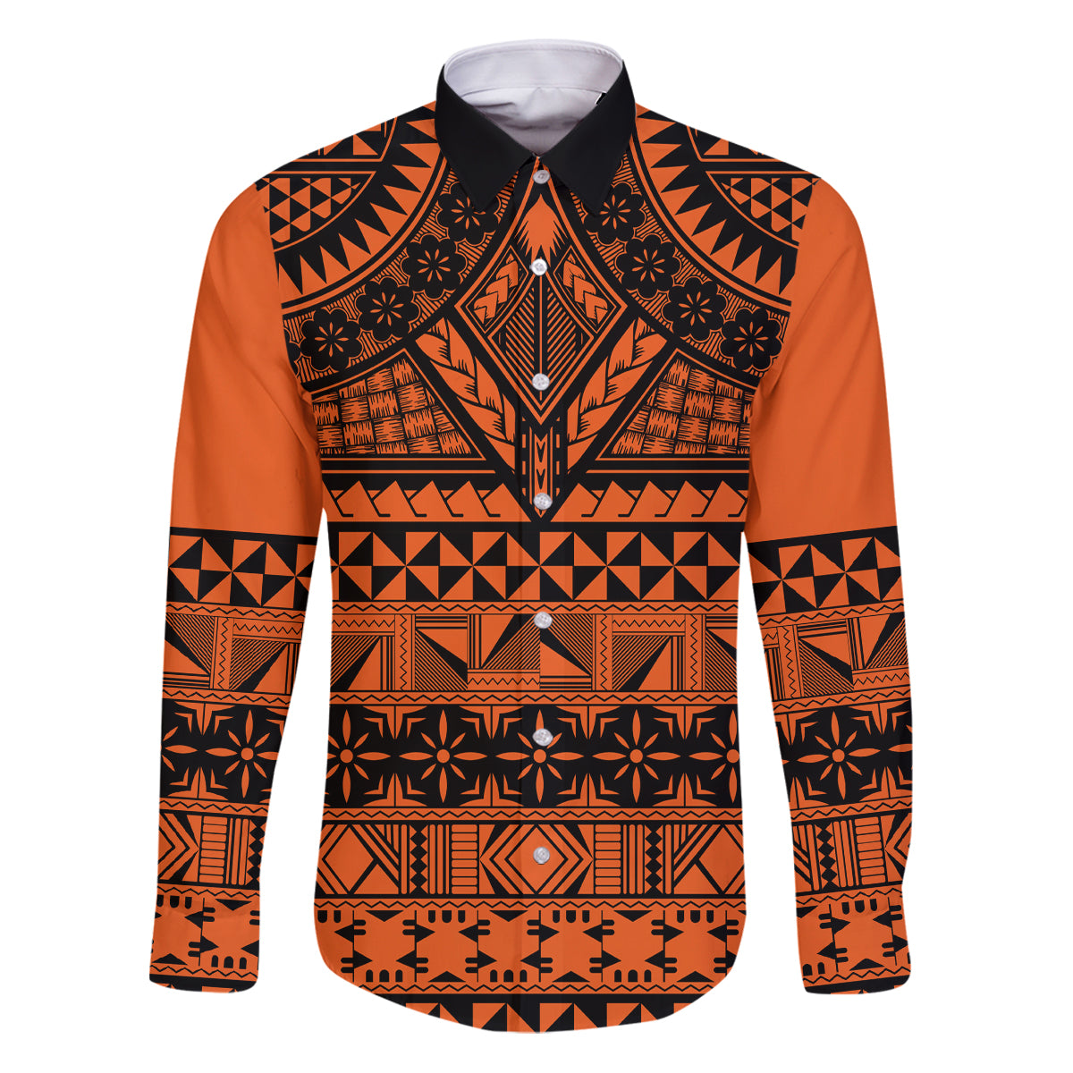 Halo Olaketa Solomon Islands Family Matching Puletasi and Hawaiian Shirt Melanesian Tribal Pattern Orange Version LT14 Dad's Shirt - Long Sleeve Orange - Polynesian Pride