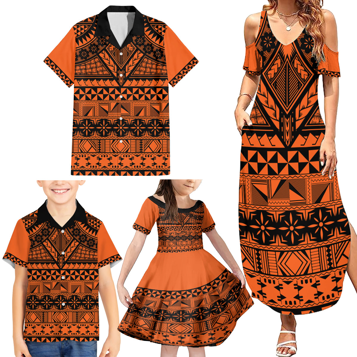 Halo Olaketa Solomon Islands Family Matching Summer Maxi Dress and Hawaiian Shirt Melanesian Tribal Pattern Orange Version LT14 - Polynesian Pride