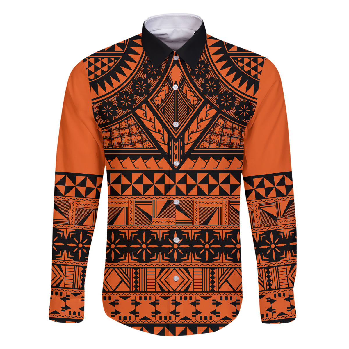 Halo Olaketa Solomon Islands Family Matching Summer Maxi Dress and Hawaiian Shirt Melanesian Tribal Pattern Orange Version LT14 Dad's Shirt - Long Sleeve Orange - Polynesian Pride