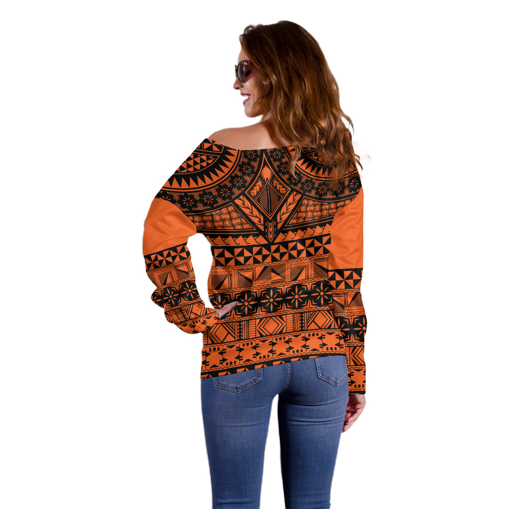 Halo Olaketa Solomon Islands Off Shoulder Sweater Melanesian Tribal Pattern Orange Version LT14 - Polynesian Pride