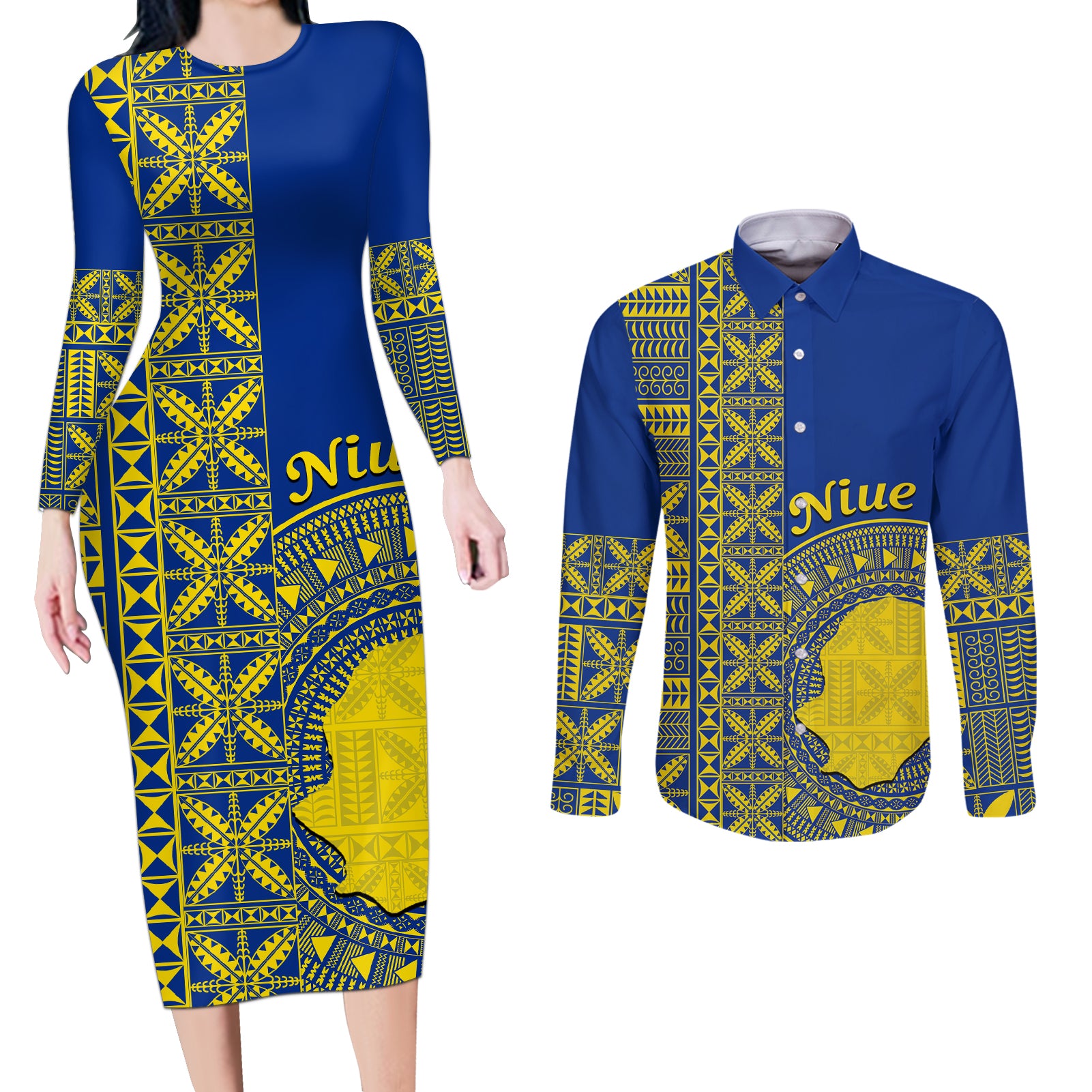 Fakaalofa Lahi Atu Niue Couples Matching Long Sleeve Bodycon Dress and Long Sleeve Button Shirt Niuean Map With Hiapo Pattern Blue Version LT14 Blue - Polynesian Pride