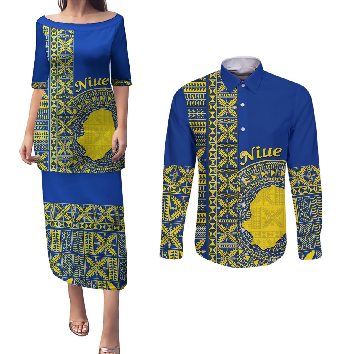 Fakaalofa Lahi Atu Niue Couples Matching Puletasi and Long Sleeve Button Shirt Niuean Map With Hiapo Pattern Blue Version LT14 Blue - Polynesian Pride