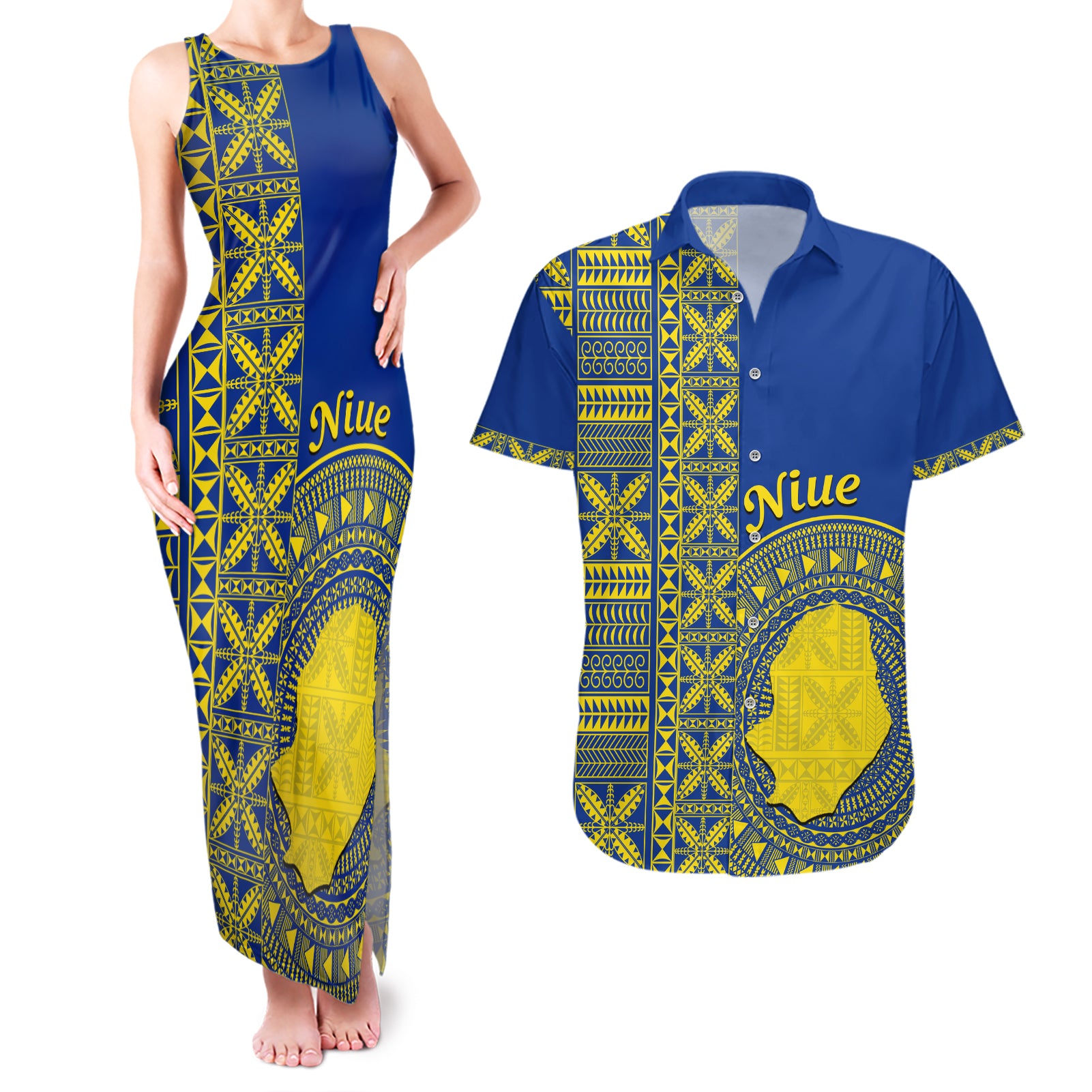 Fakaalofa Lahi Atu Niue Couples Matching Tank Maxi Dress and Hawaiian Shirt Niuean Map With Hiapo Pattern Blue Version LT14 Blue - Polynesian Pride