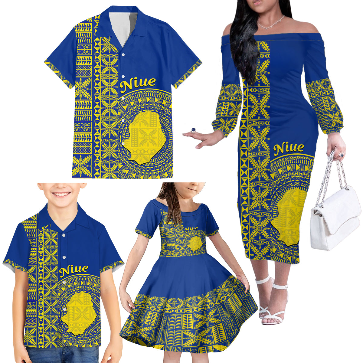 Fakaalofa Lahi Atu Niue Family Matching Off Shoulder Long Sleeve Dress and Hawaiian Shirt Niuean Map With Hiapo Pattern Blue Version LT14 - Polynesian Pride