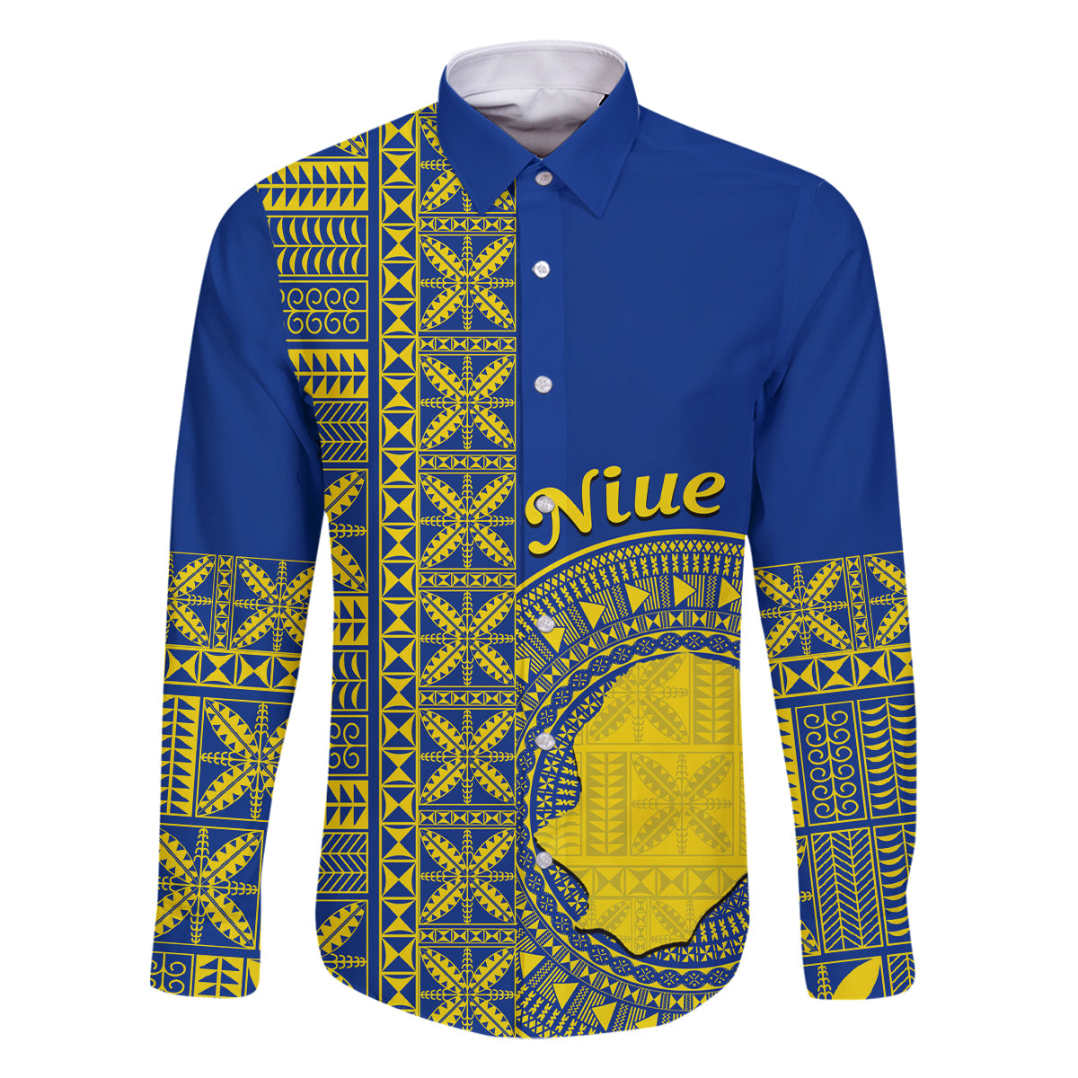 Fakaalofa Lahi Atu Niue Family Matching Off Shoulder Long Sleeve Dress and Hawaiian Shirt Niuean Map With Hiapo Pattern Blue Version LT14 Dad's Shirt - Long Sleeve Blue - Polynesian Pride