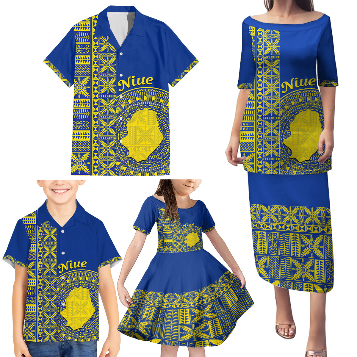 Fakaalofa Lahi Atu Niue Family Matching Puletasi and Hawaiian Shirt Niuean Map With Hiapo Pattern Blue Version LT14 - Polynesian Pride