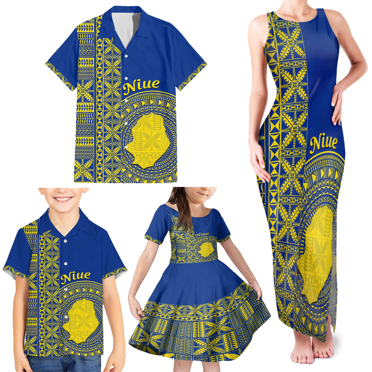 Fakaalofa Lahi Atu Niue Family Matching Tank Maxi Dress and Hawaiian Shirt Niuean Map With Hiapo Pattern Blue Version LT14 - Polynesian Pride