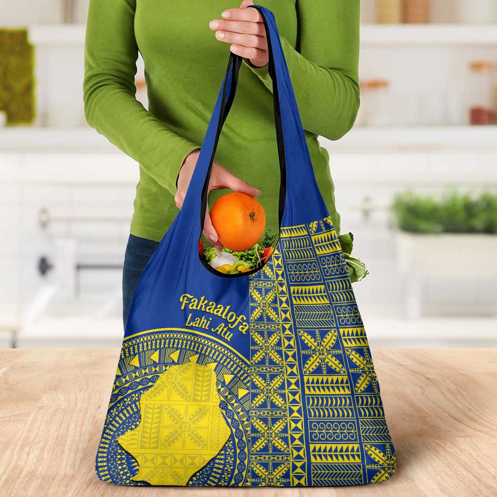 Fakaalofa Lahi Atu Niue Grocery Bag Niuean Map With Hiapo Pattern Blue Version LT14 - Polynesian Pride
