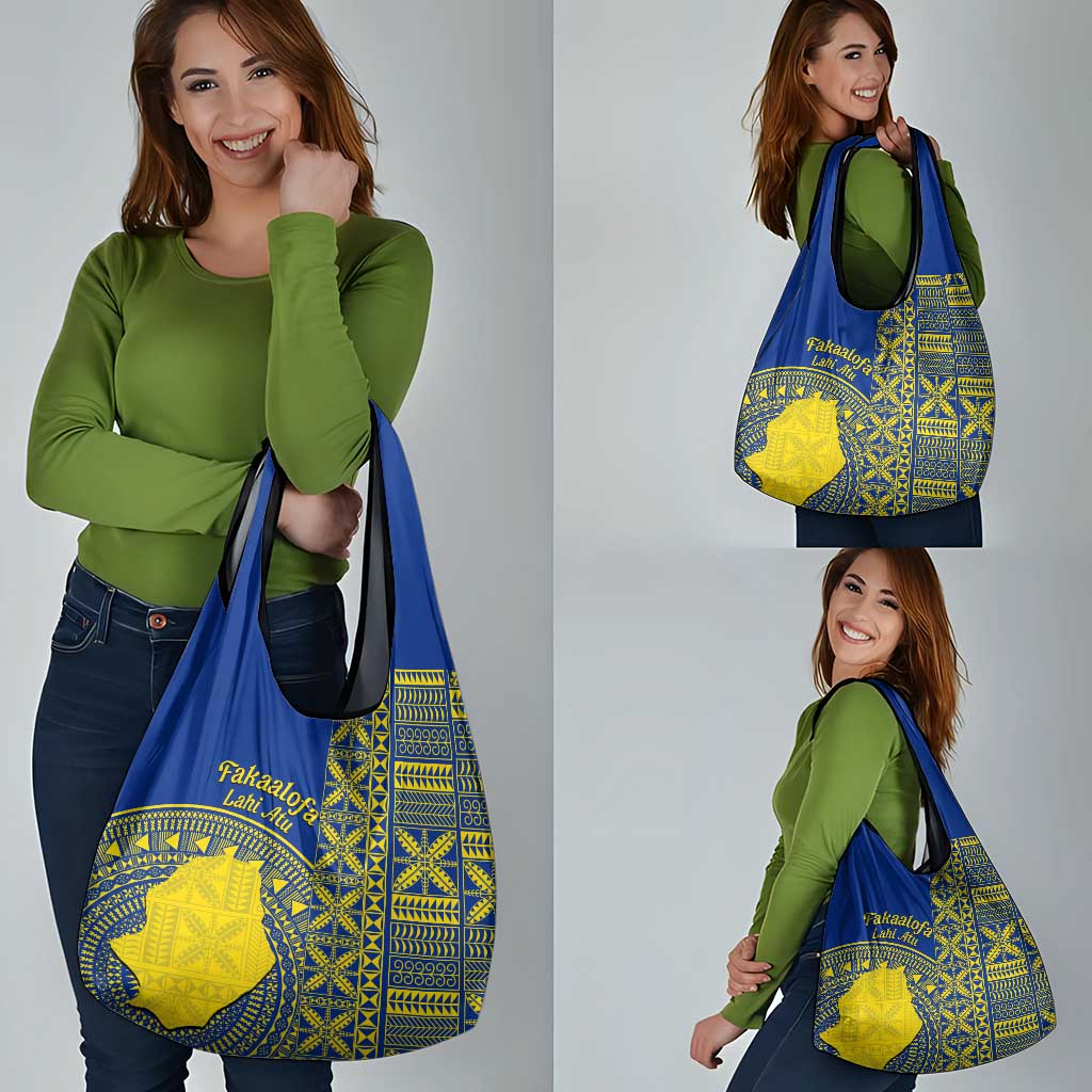 Fakaalofa Lahi Atu Niue Grocery Bag Niuean Map With Hiapo Pattern Blue Version LT14 - Polynesian Pride