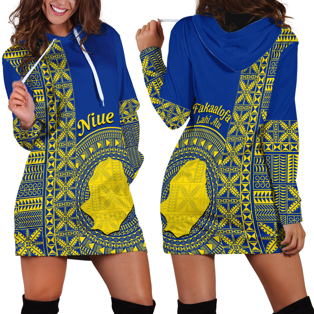 Fakaalofa Lahi Atu Niue Hoodie Dress Niuean Map With Hiapo Pattern Blue Version LT14 - Polynesian Pride