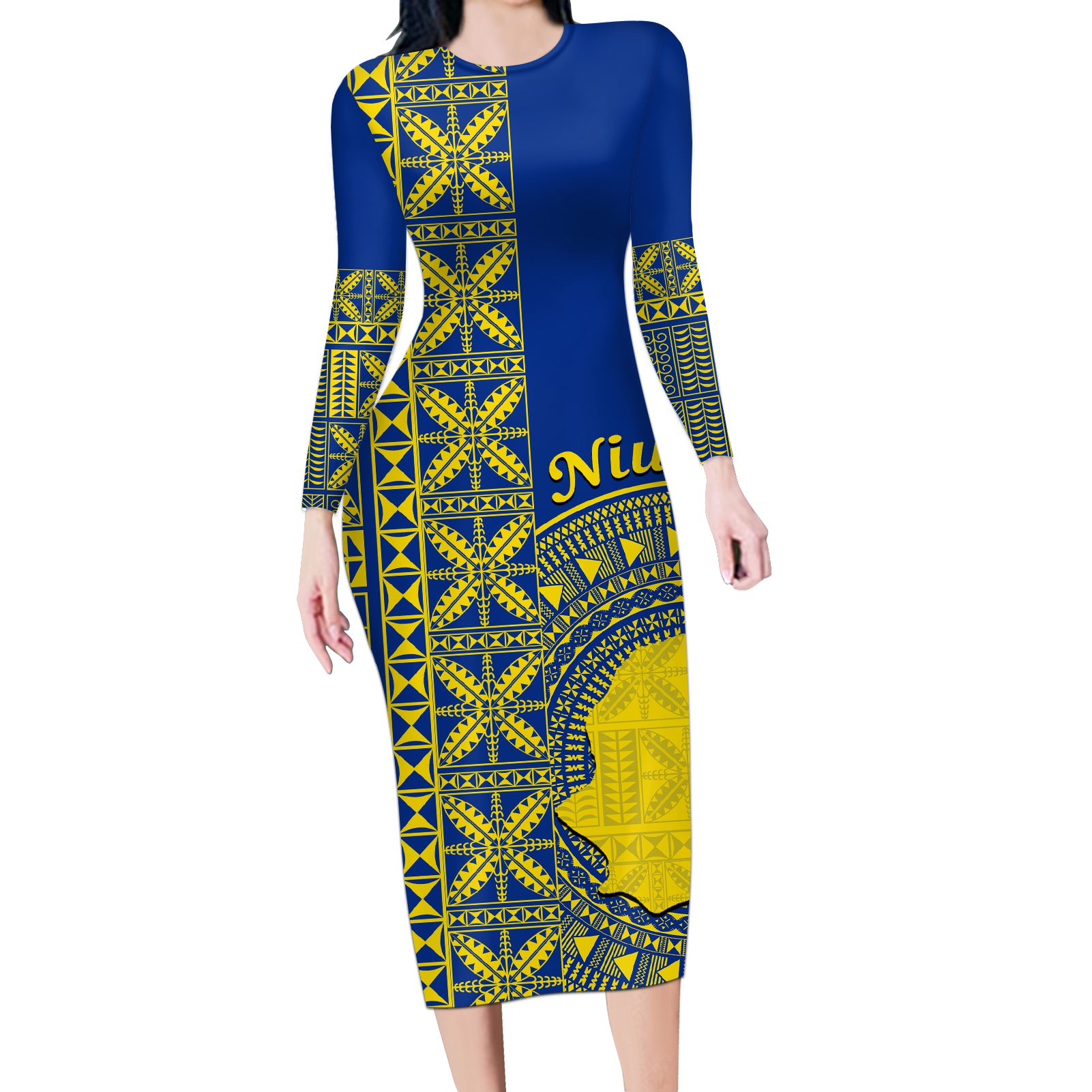 Fakaalofa Lahi Atu Niue Long Sleeve Bodycon Dress Niuean Map With Hiapo Pattern Blue Version LT14 Long Dress Blue - Polynesian Pride