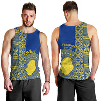 Fakaalofa Lahi Atu Niue Men Tank Top Niuean Map With Hiapo Pattern Blue Version LT14 - Polynesian Pride