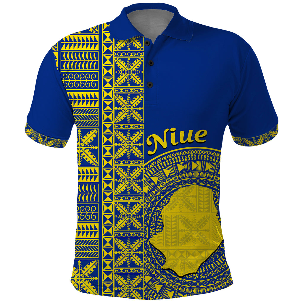 Fakaalofa Lahi Atu Niue Polo Shirt Niuean Map With Hiapo Pattern Blue Version LT14 Blue - Polynesian Pride