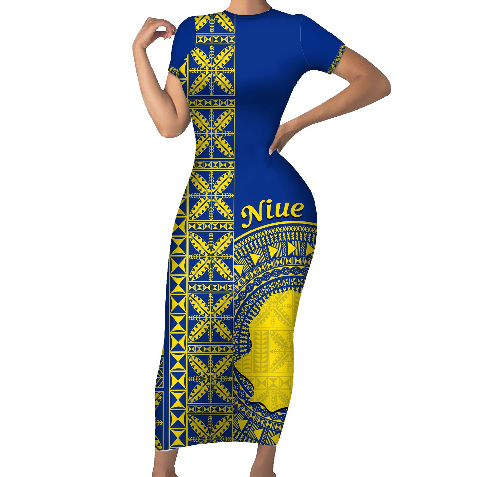 Fakaalofa Lahi Atu Niue Short Sleeve Bodycon Dress Niuean Map With Hiapo Pattern Blue Version LT14 Long Dress Blue - Polynesian Pride