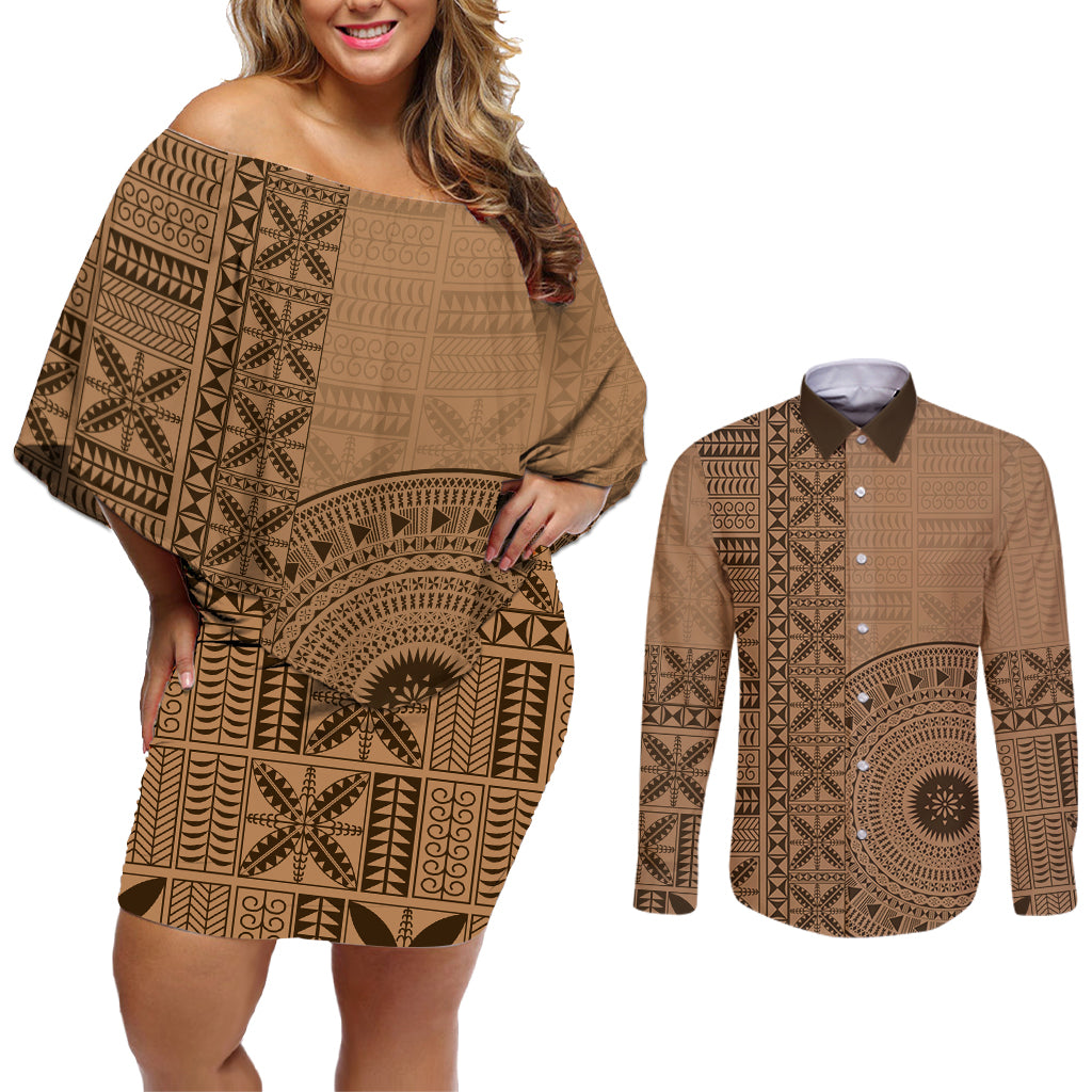 Fakaalofa Lahi Atu Niue Couples Matching Off Shoulder Short Dress and Long Sleeve Button Shirt Vintage Hiapo Pattern Brown Version LT14 Brown - Polynesian Pride