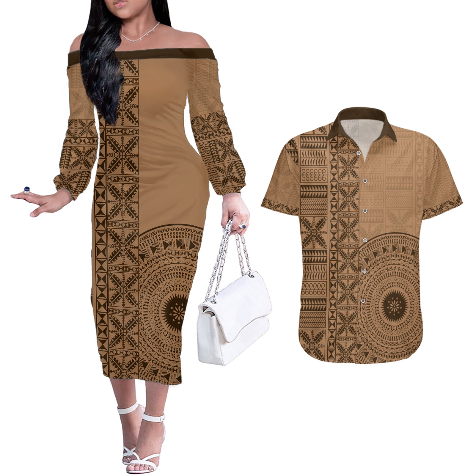 Fakaalofa Lahi Atu Niue Couples Matching Off The Shoulder Long Sleeve Dress and Hawaiian Shirt Vintage Hiapo Pattern Brown Version LT14 Brown - Polynesian Pride