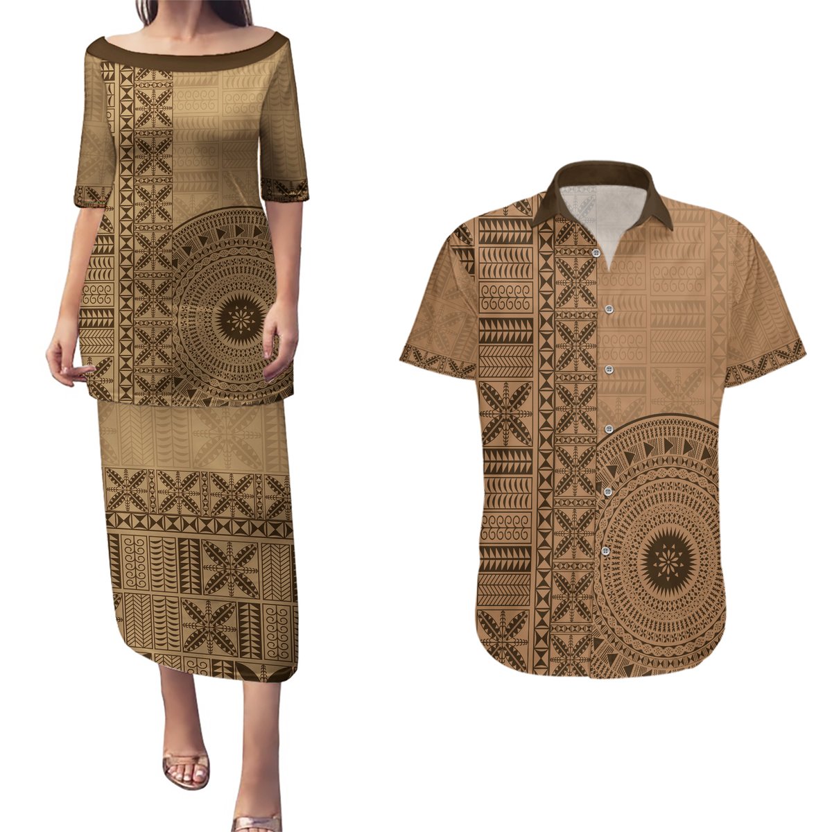 Fakaalofa Lahi Atu Niue Couples Matching Puletasi and Hawaiian Shirt Vintage Hiapo Pattern Brown Version LT14 Brown - Polynesian Pride