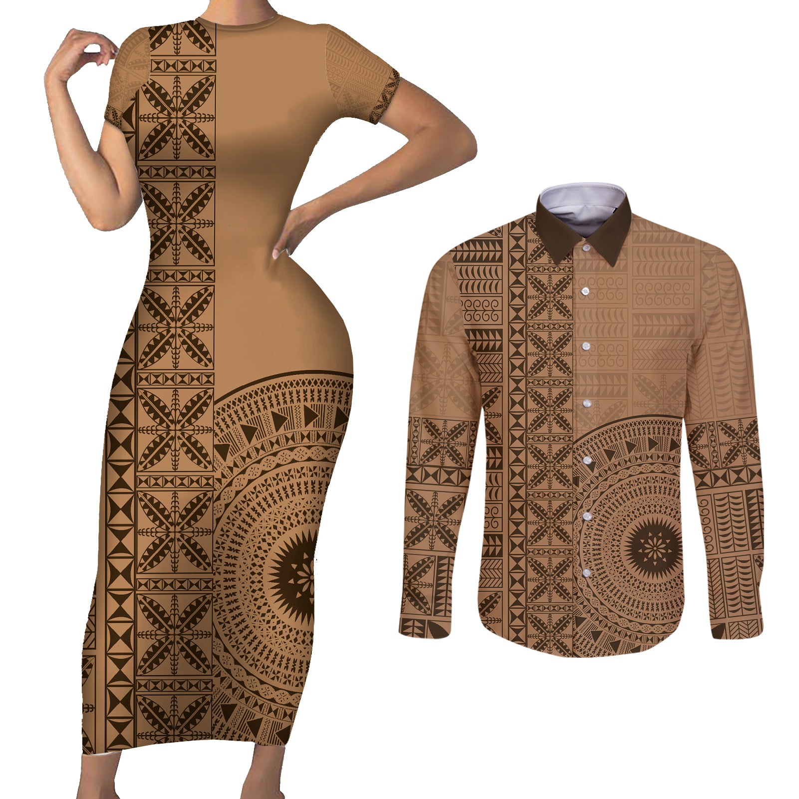 Fakaalofa Lahi Atu Niue Couples Matching Short Sleeve Bodycon Dress and Long Sleeve Button Shirt Vintage Hiapo Pattern Brown Version LT14 Brown - Polynesian Pride