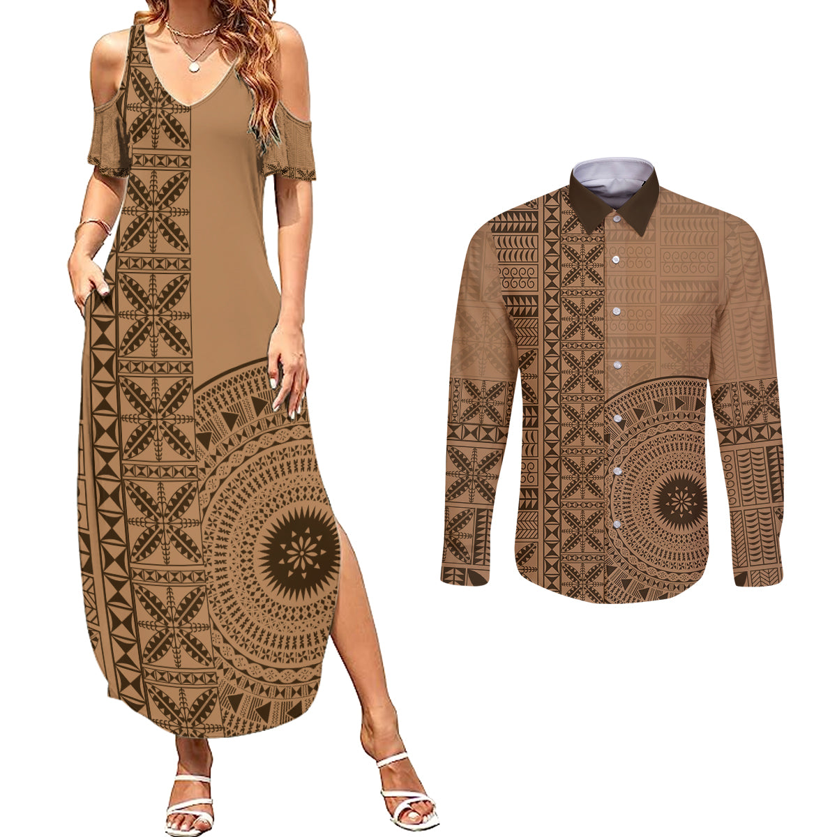 Fakaalofa Lahi Atu Niue Couples Matching Summer Maxi Dress and Long Sleeve Button Shirt Vintage Hiapo Pattern Brown Version LT14 Brown - Polynesian Pride
